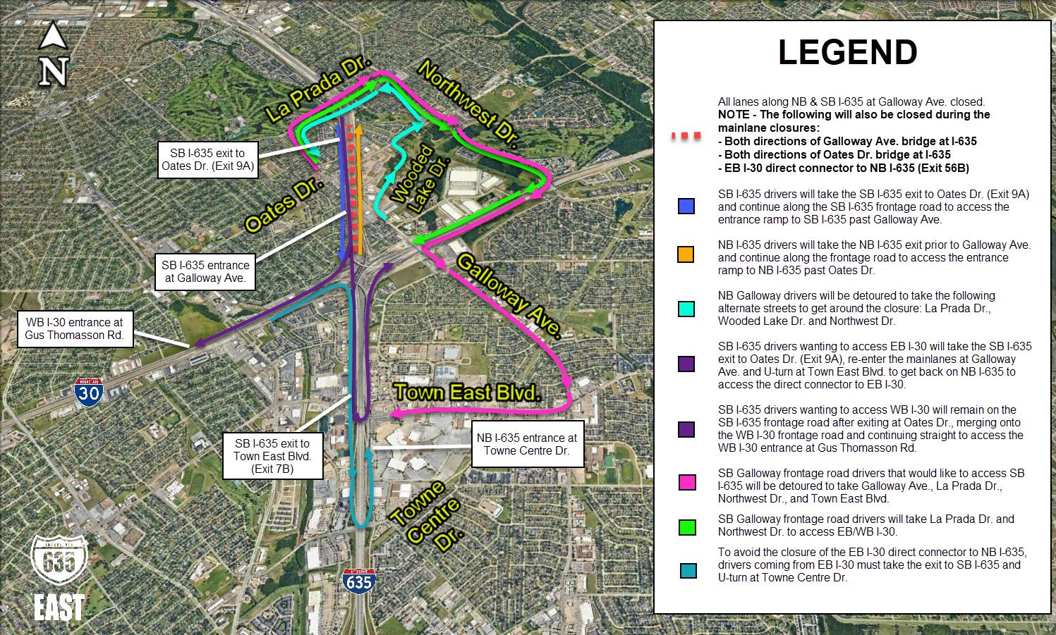 map of I-635 area and driving detours