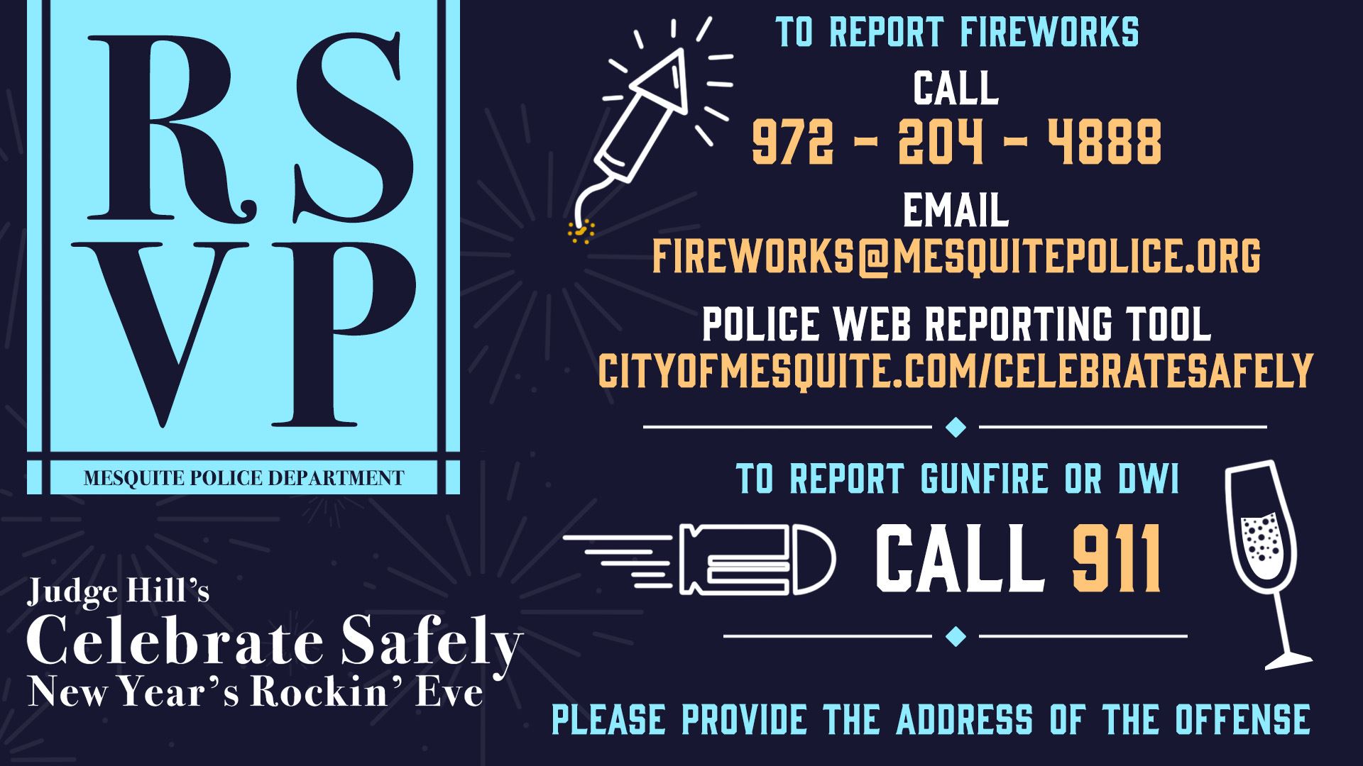 Celebrate Safely - No Fireworks Gunfire DWI New Years Rockin Eve Party Invite with Contact Info - Me