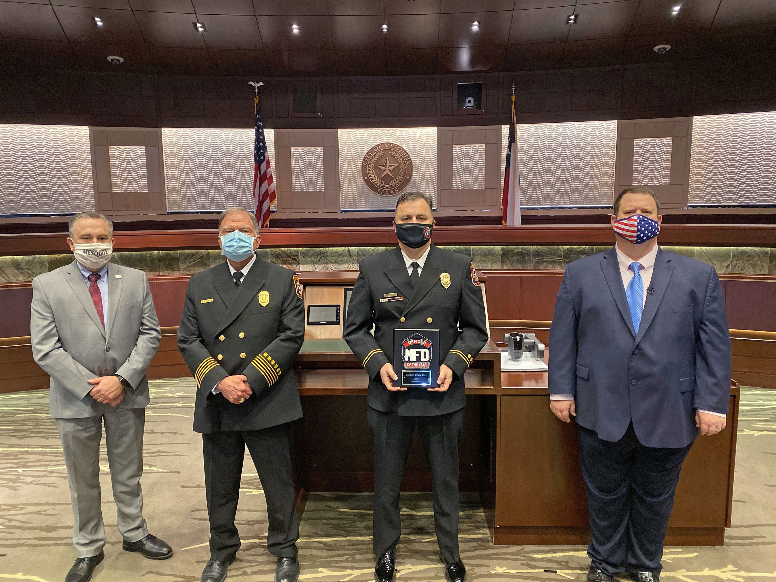 City Manager Cliff Keheley, Fire Chief Russell Wilson, Officer of the Year Captain Paramedic Chad Ro