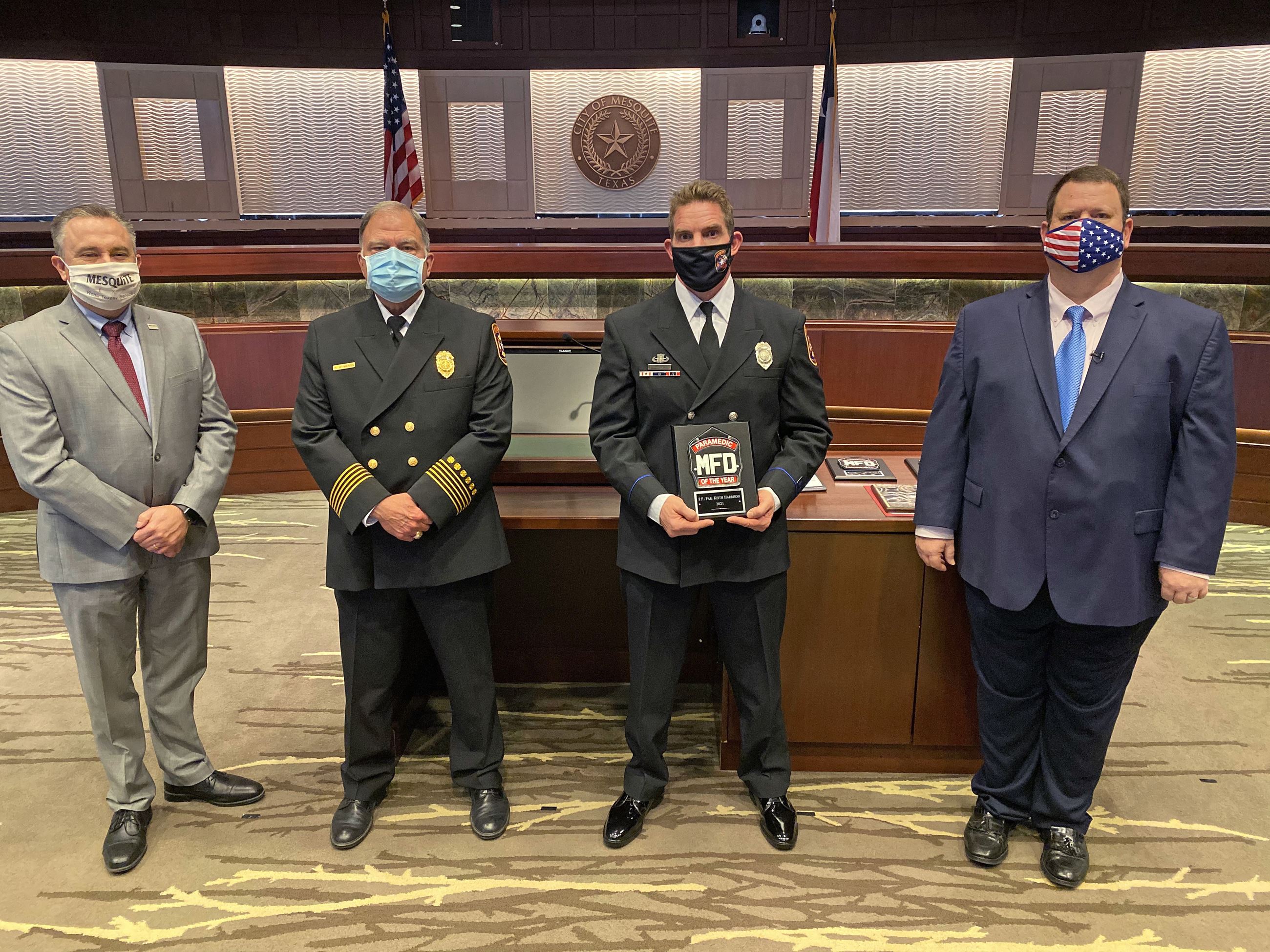 City Manager Cliff Keheley, Fire Chief Russell Wilson, Paramedic of the Year Keith Harrison, Mayor B