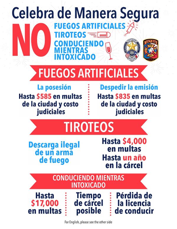 No Fireworks Gunfire DWI - SPANISH - Penalty Flyer - Mesquite TX