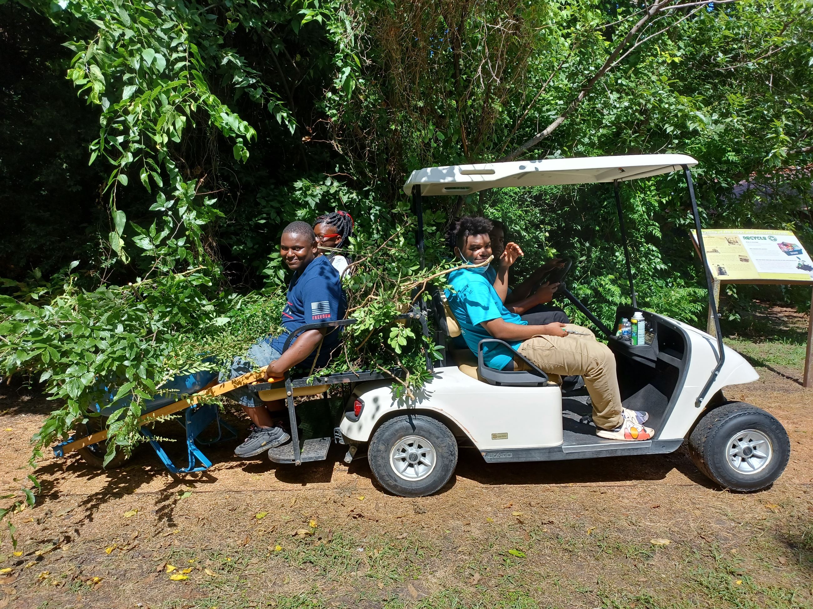interns on golf cart after trimming trees