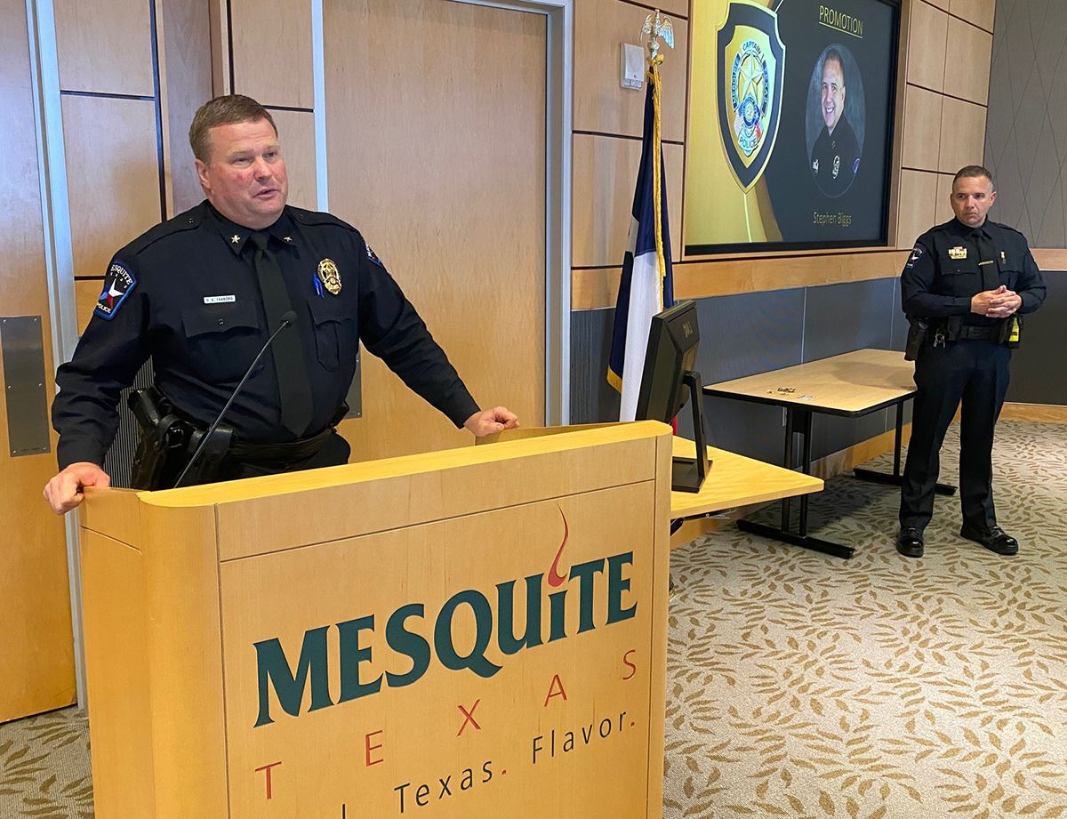 7-30-21 Mesquite Police Chief David Faaborg presents Captain Stephen Biggs during promotional ceremo