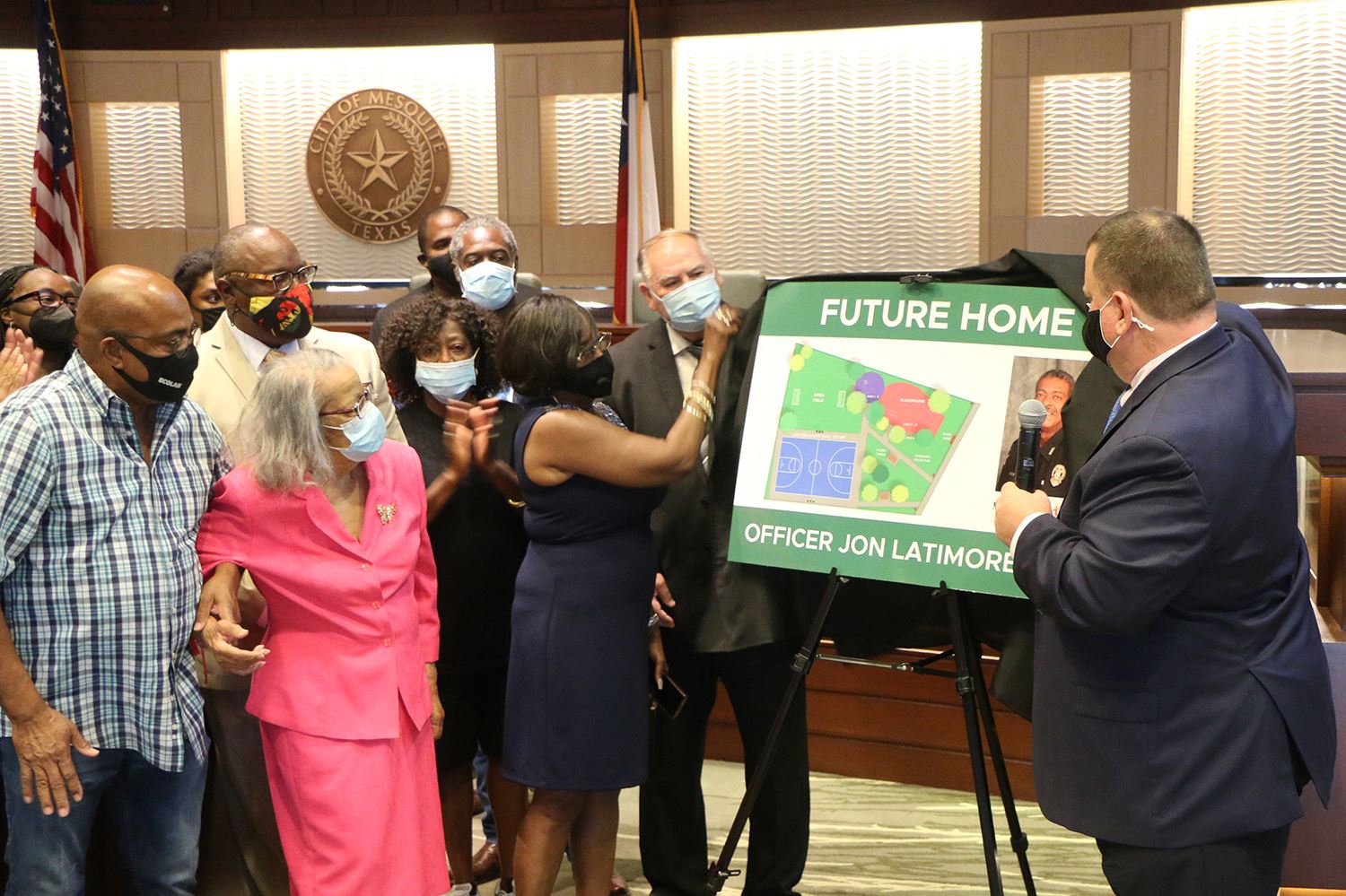 9-7-21 Officer Jon Latimore Park presentation - Mayor Archer and Debra Latimore unveil display - Mes