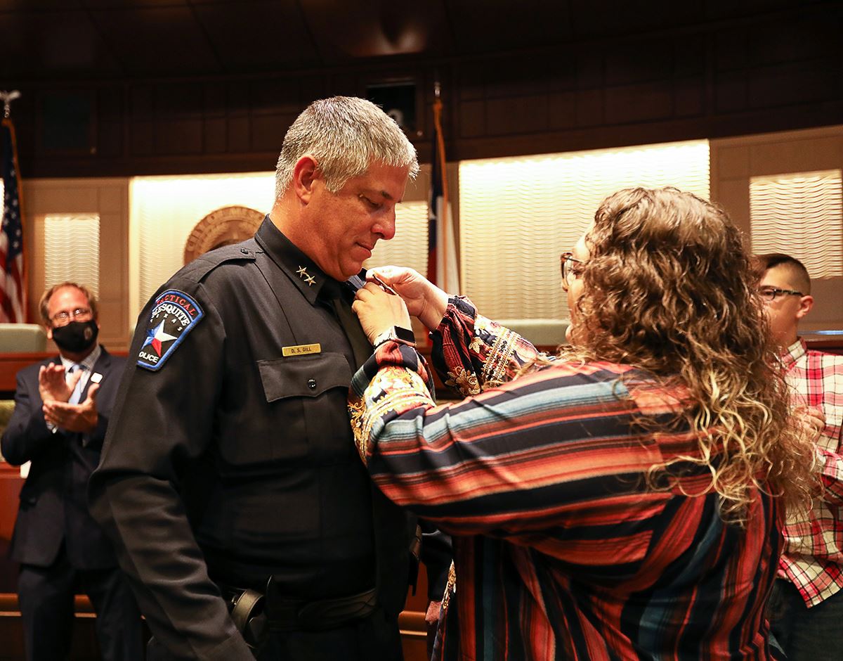 10-18-21 Mesquite Police Chief David Gill badge pinned on by wife Christy - Mesquite TX